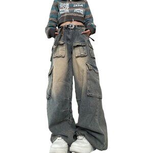 Women's High Waist Wide Leg Y2K Retro Work Jeans Gothic Casual Pants
